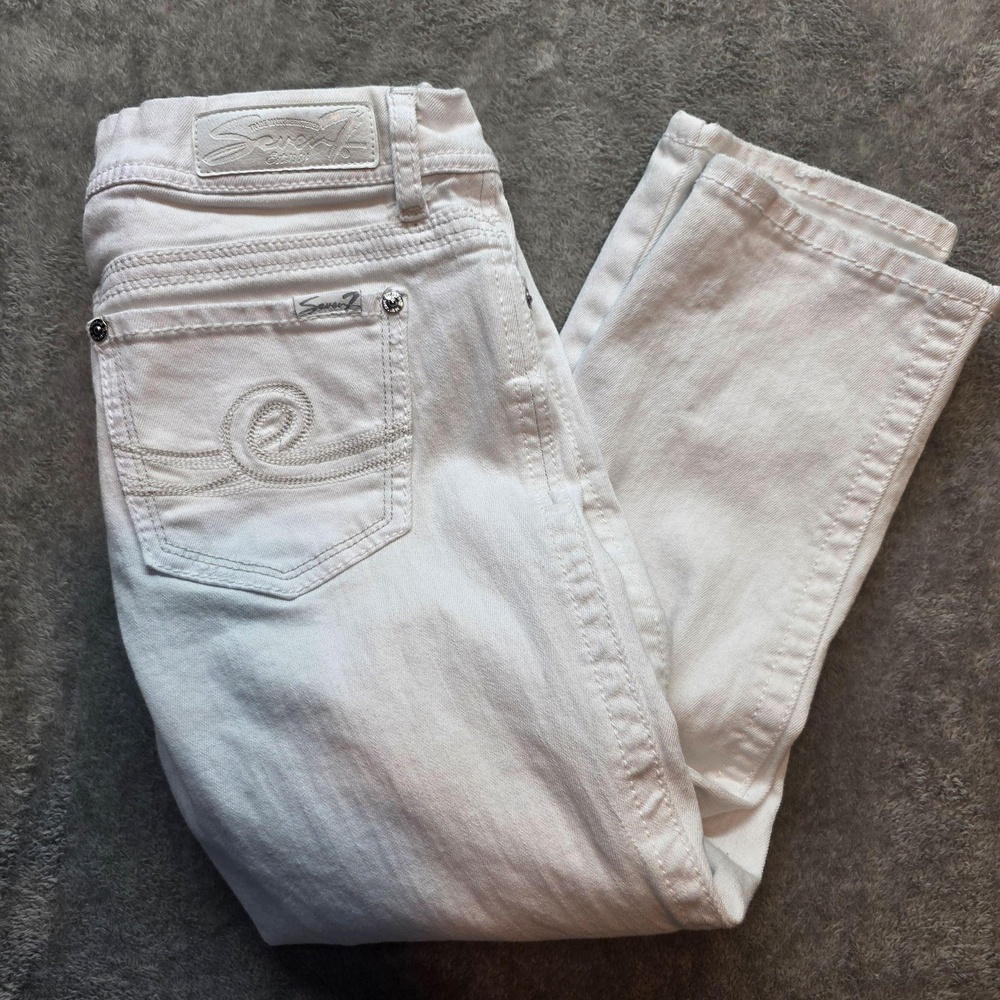 Seven7 Jeans Kids 8 White Slim Straight Stretch Denim Distressed Embroidered